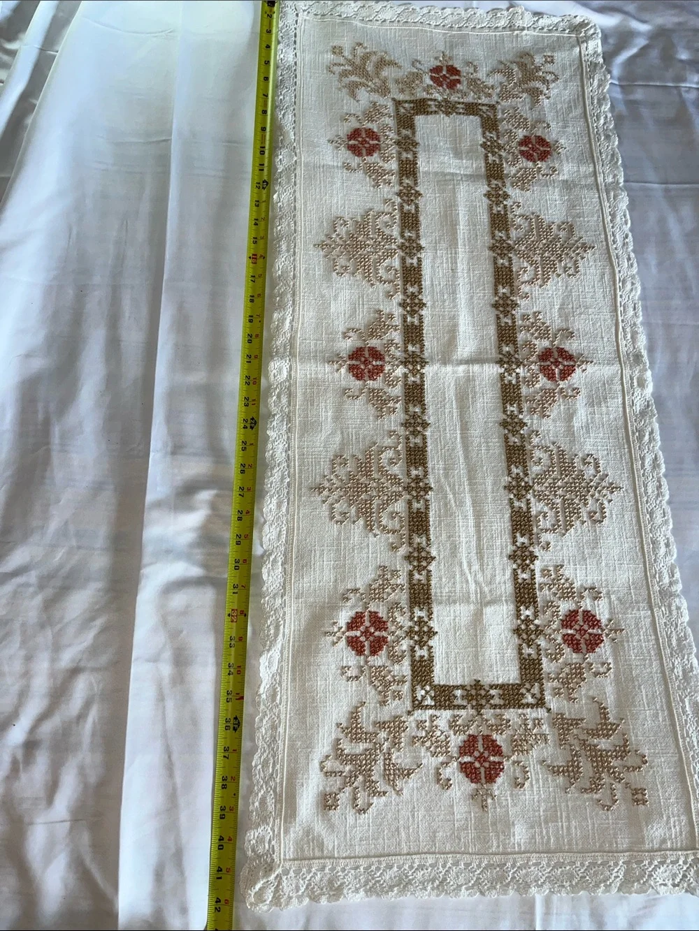 Hand-Embroidered Cream Linen Table Runner with Rust Floral Accents 17” x42”